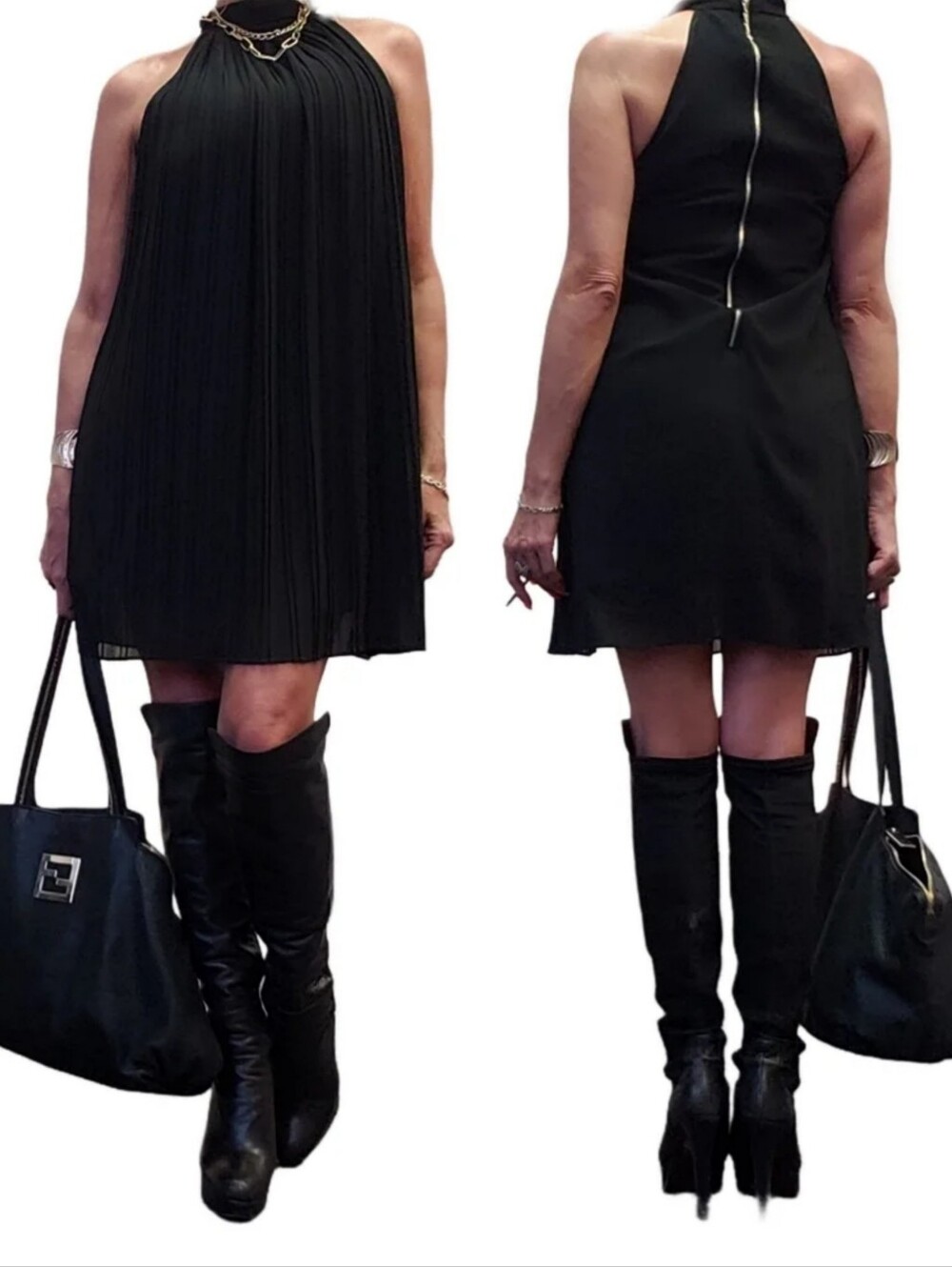 Black Sleeveless High Neck Pleated Front Mini Trapeze Dress Size Small